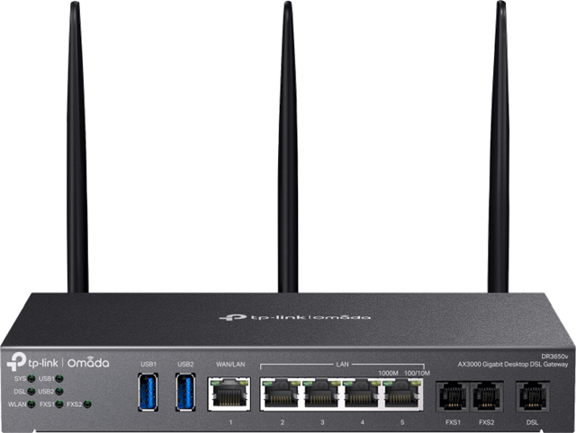 AX3000 Wi-Fi 6 with 2402 Mbps on 5 GHz and 574 Mbps on 2.4 GHz*1*4</br>VDSL2 35b: Supports 350Mbps DSL Access*2</br>VDSL2/ADSL2+/ADSL2/ADSL Compatibility</br>4G+ Cat6 up to 300Mbps</br>2 x Embeded SlM Card Slots</br>Centralised Cloud Management</br>IPSec/PPTP/L2TP/OpenVPN/WireGuard/GRE/SSL VPN</br>Load Balancing Between DSL and Ethernet WAN</br>Omada Mesh Technology*3</br>3 × RJ11 Ports (2 × FXS, 1 × DSL) & 5 × RJ45 Gigabit Ports & 1 × USB 3.0 Port</br>Desktop/Wall Mounting</br>8.9 × 5.2 × 1.4 in (226 × 131.2 × 35 mm)</br>