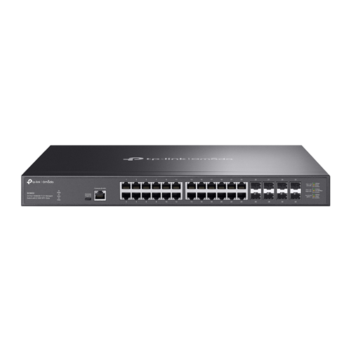 Omada 24-Port 10GBASE-T L2+ Managed Switch with 8 10GE SFP+ Slots (SX3832)</br>&bull;	24&times; 1/2.5/5/10 Gbps RJ45 ports</br>&bull;	8&times; 1/10 Gbps SFP+ slots</br>&bull;	640 Gbps switching capacity</br>&bull;	Centralised cloud management via the web or the Omada app&dagger;</br>&bull;	Standalone management via web, CLI, SNMP, and RMON</br>&bull;	Static Routing helps route internal traffic for higher efficiency</br>&bull;	VLAN, ACL, QoS, IGMP Snooping, OAM, and DDM</br>&bull;	ERPS supports rapid protection and recovery in a ring topology</br>&bull;	Durable metal casing and rack-mountable design</br>