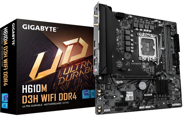 LGA1700 H610 chipset, 2x DDR4 DIMM, 2 x PCIe 3.0 M.2, 1 x PCIe 4.0 x16 slot, GbE LAN, USB 3.2 Gen1, HDMI.